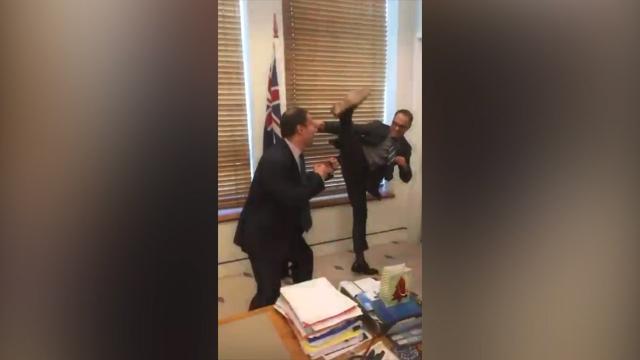 Martial artist Jean-Claude Van Damme karate kicks Liberal MP Josh Frydenberg - 9news.com.au