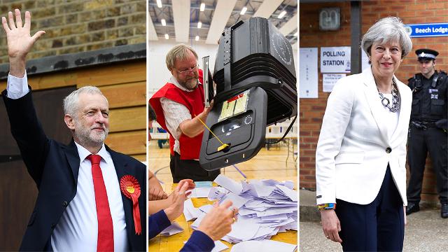 Theresa May and Jeremy Corbyn play the waiting game as UK election polls close